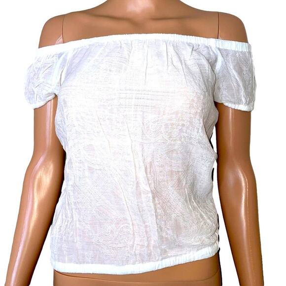 Bebe brand top semi sheer off the shoulder white cropped SZ S/P blouse gauzy - Picture 2 of 8